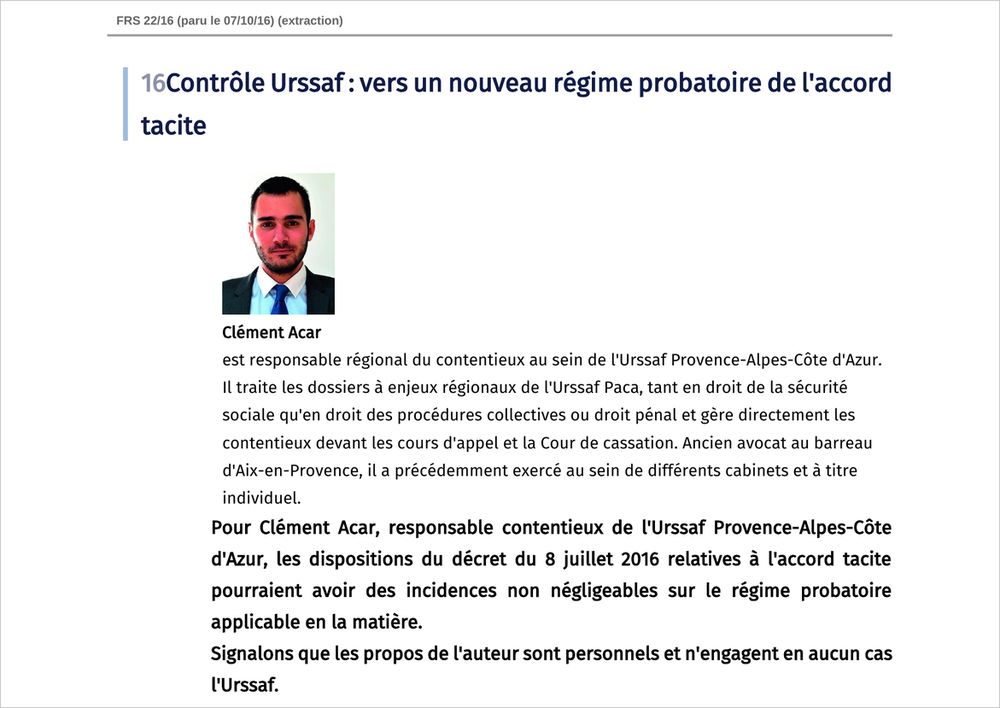 Première page de « Contrôle URSSAF : vers un nouveau régime probatoire de l'accord tacite »