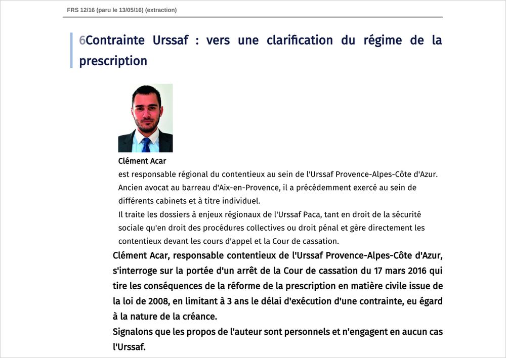 Première page de « Contrainte URSSAF : vers une clarification du régime de la prescription »