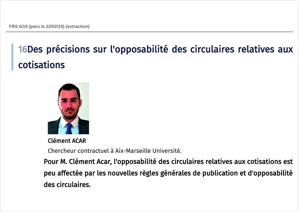 Première page de « Des précisions sur l'opposabilité des circulaires relatives aux cotisations »