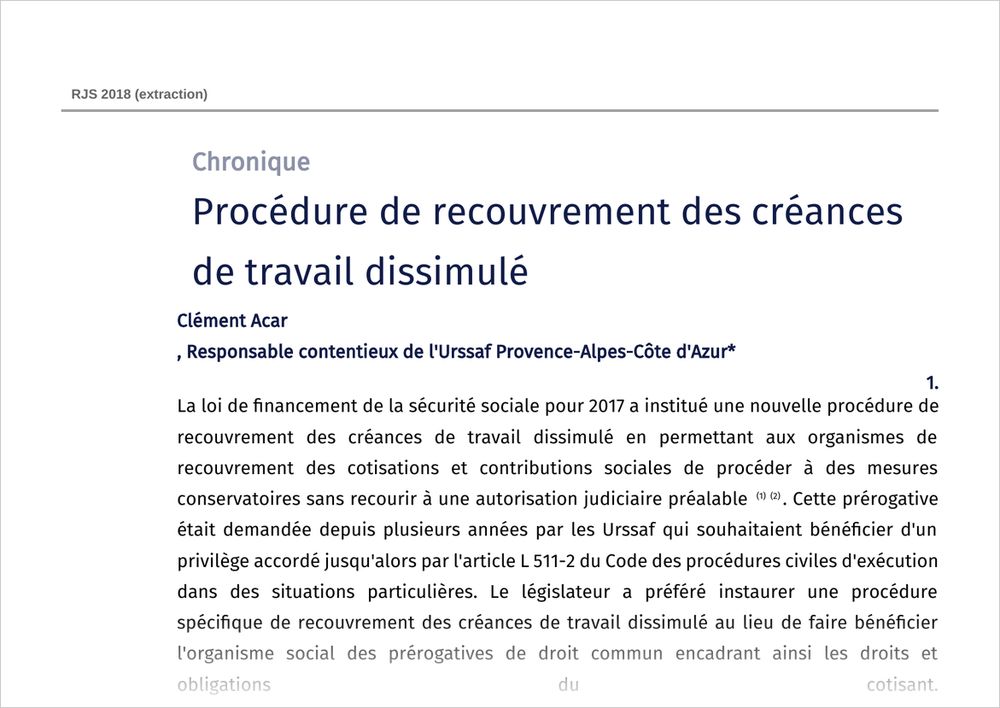 Première page de « Procédure de recouvrement des créances de travail dissimulé »